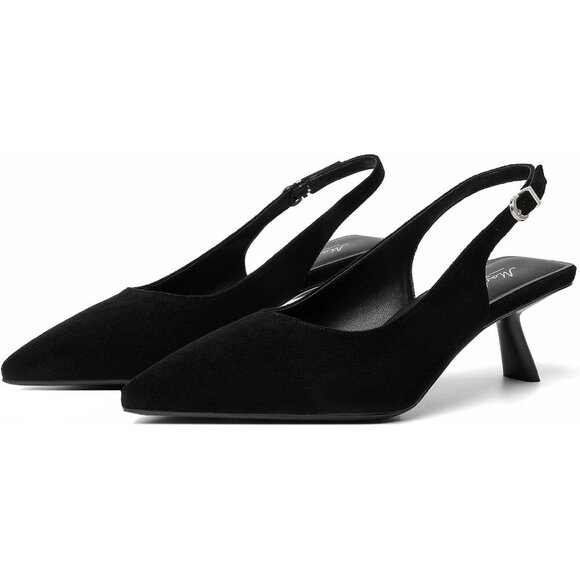 Mostrin Kitten Heel Black Suede Low Slingback Heels with Buckle Dress Shoes - Picture 9 of 9